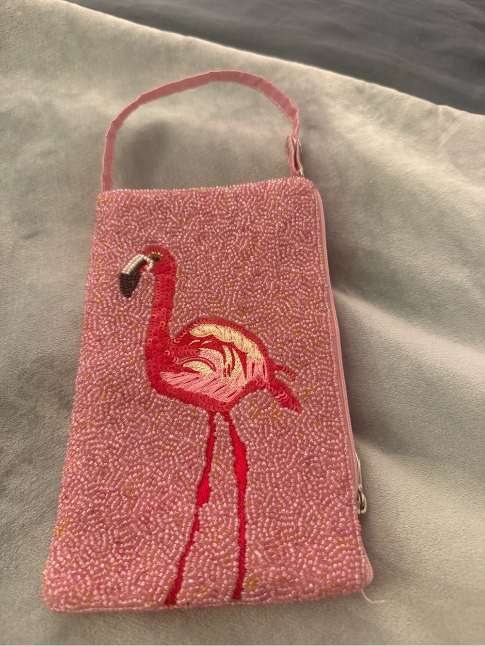 Pink Beaded Flamingo Crossbody Bag Mini Purse Convertible Wristlet